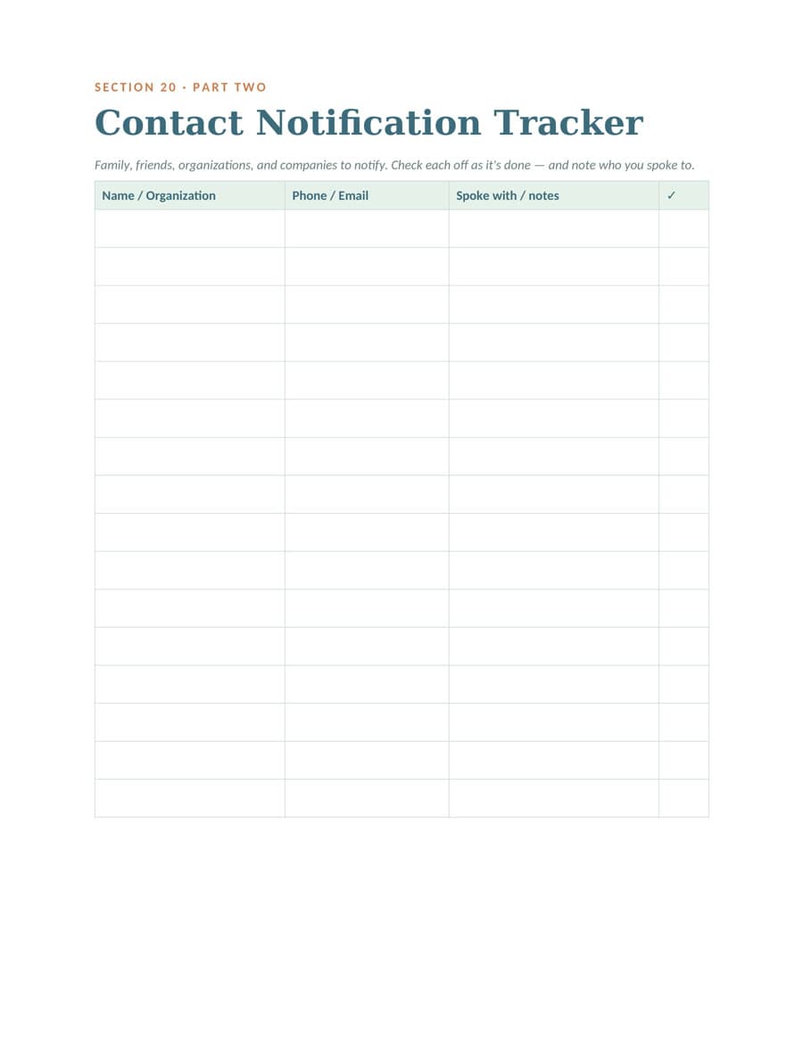 Workbook page — Section 20 — Contact Notification Tracker