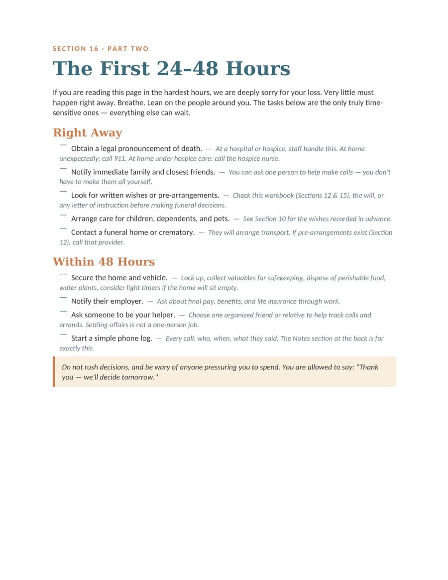 Workbook page — Section 16 — The First 48 Hours