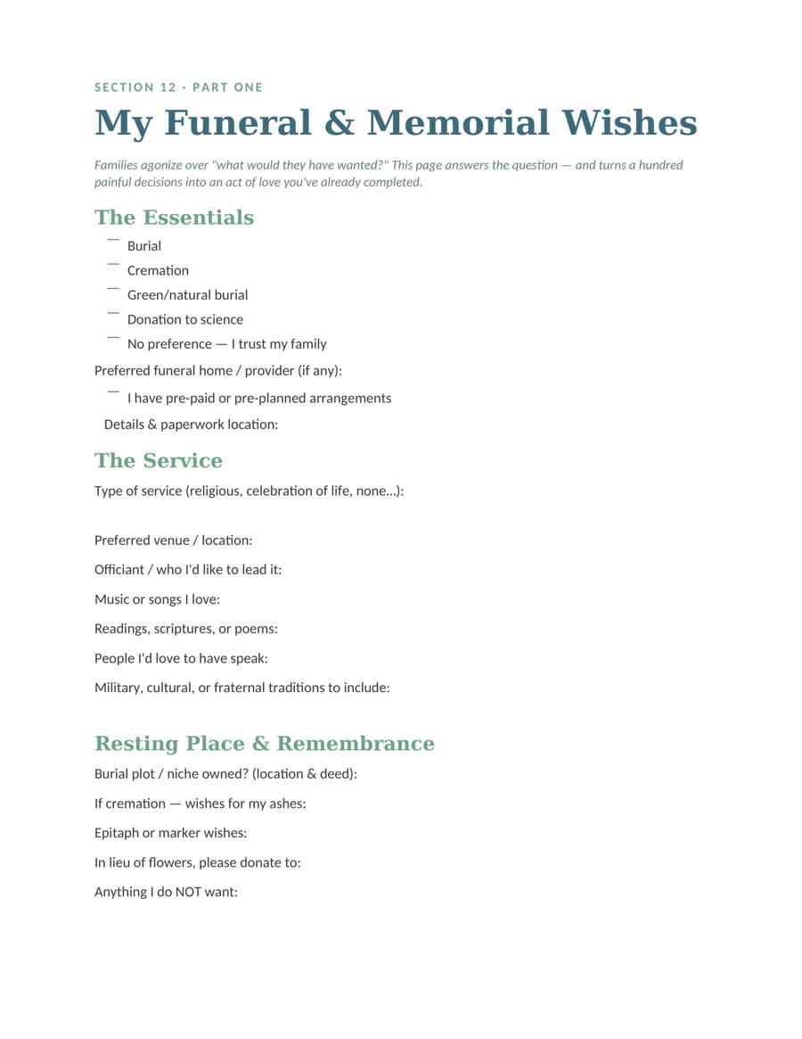 Workbook page — Section 12 — Funeral Wishes