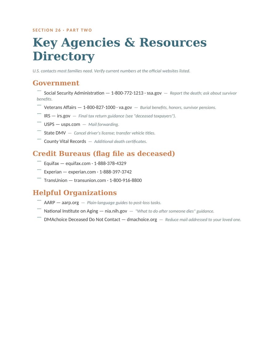 Workbook page — Section 26 — Key Agencies & Resources