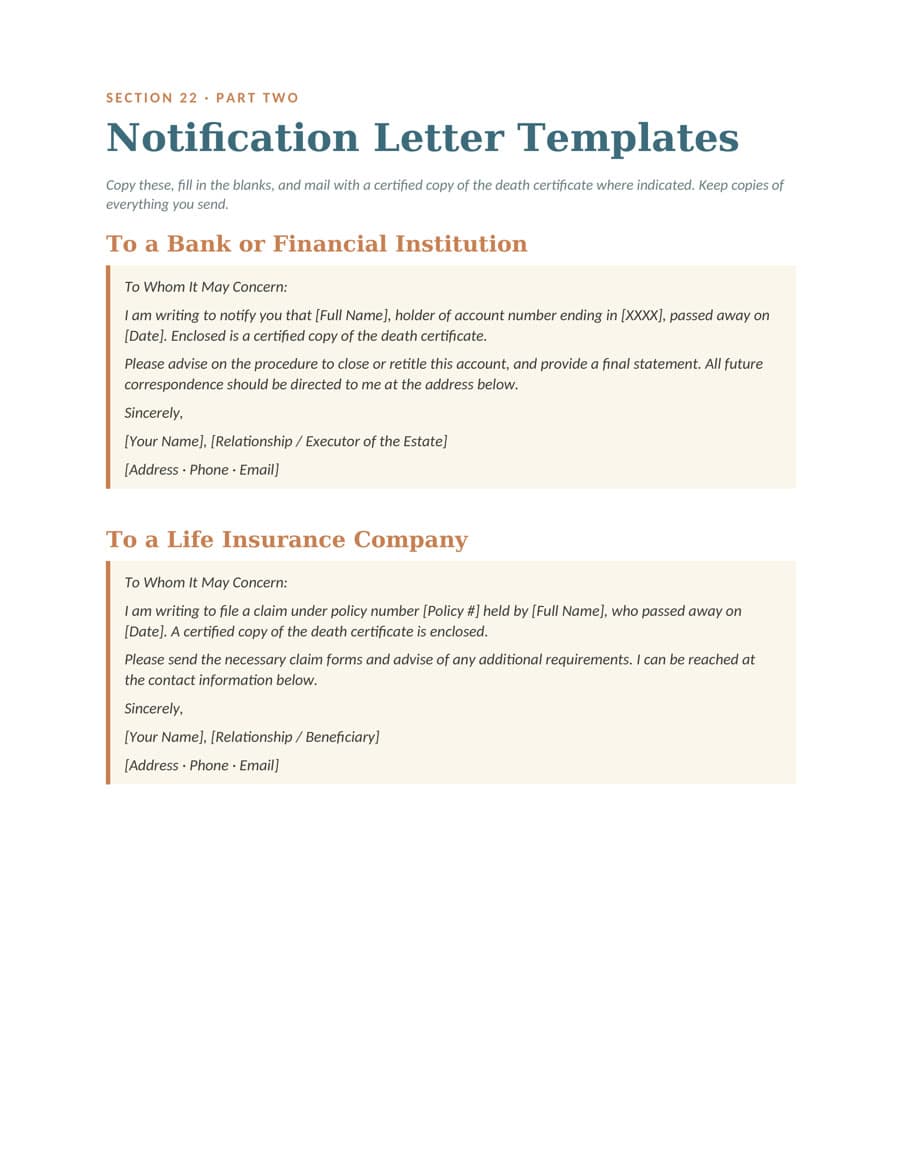 Workbook page — Section 22 — Notification Letter Templates