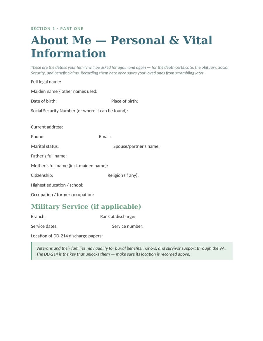 Workbook page — Section 1 — Vital Information
